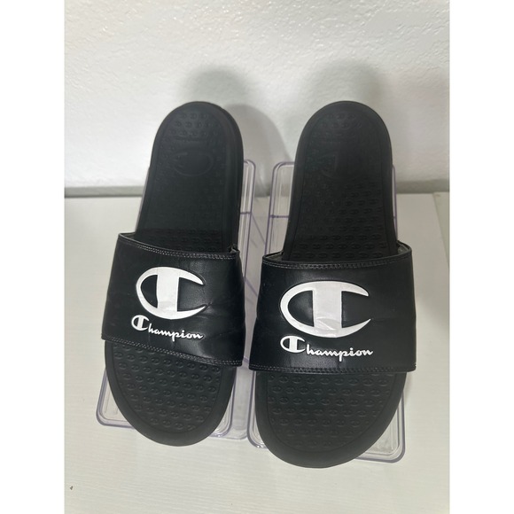 Champion Slides Mens 10M Black White Logo Pool Beach Sandals Slip On - Picture 1 of 5